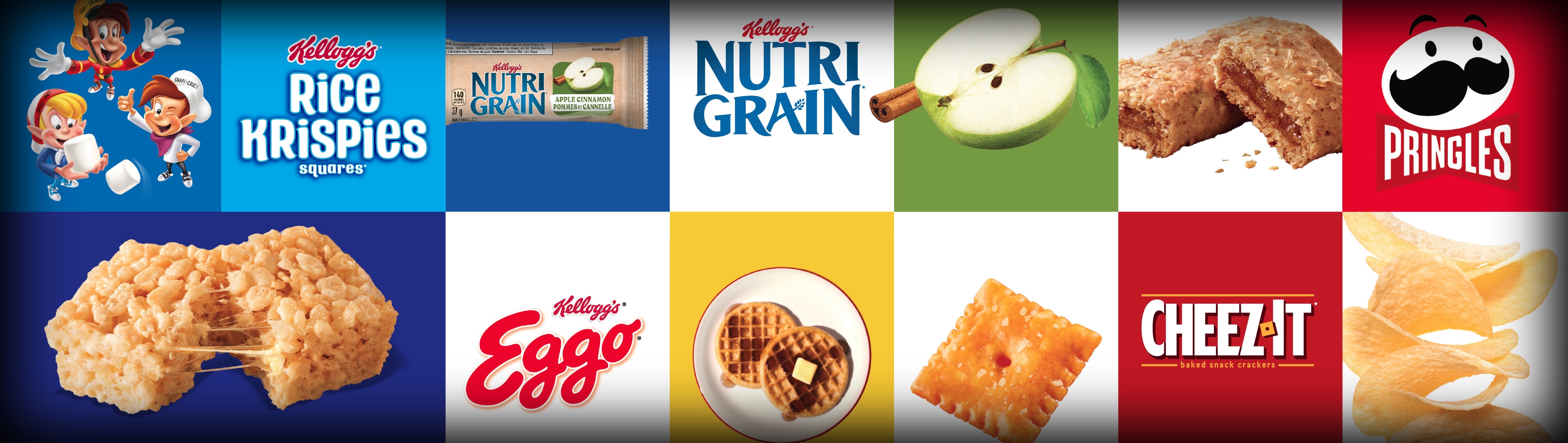from left to right and top to bottom: Rice Krispies* Characters Snap, Pop, and Crackle, Rice Krispies* brand logo, Nutri-Grain* Apple Cinnamon Breakfast Bar, Nutri-Grain® brand logo, Green apple and cinnamon stick, Nutrigrain Bar, Pringles* brand logo, Rice Krispies Treats* original marshmallow square bars, Eggo* brand logo, two Eggo* waffles, Cheez-it* cracker, Cheez-it* brand logo, and Pringles* original chips