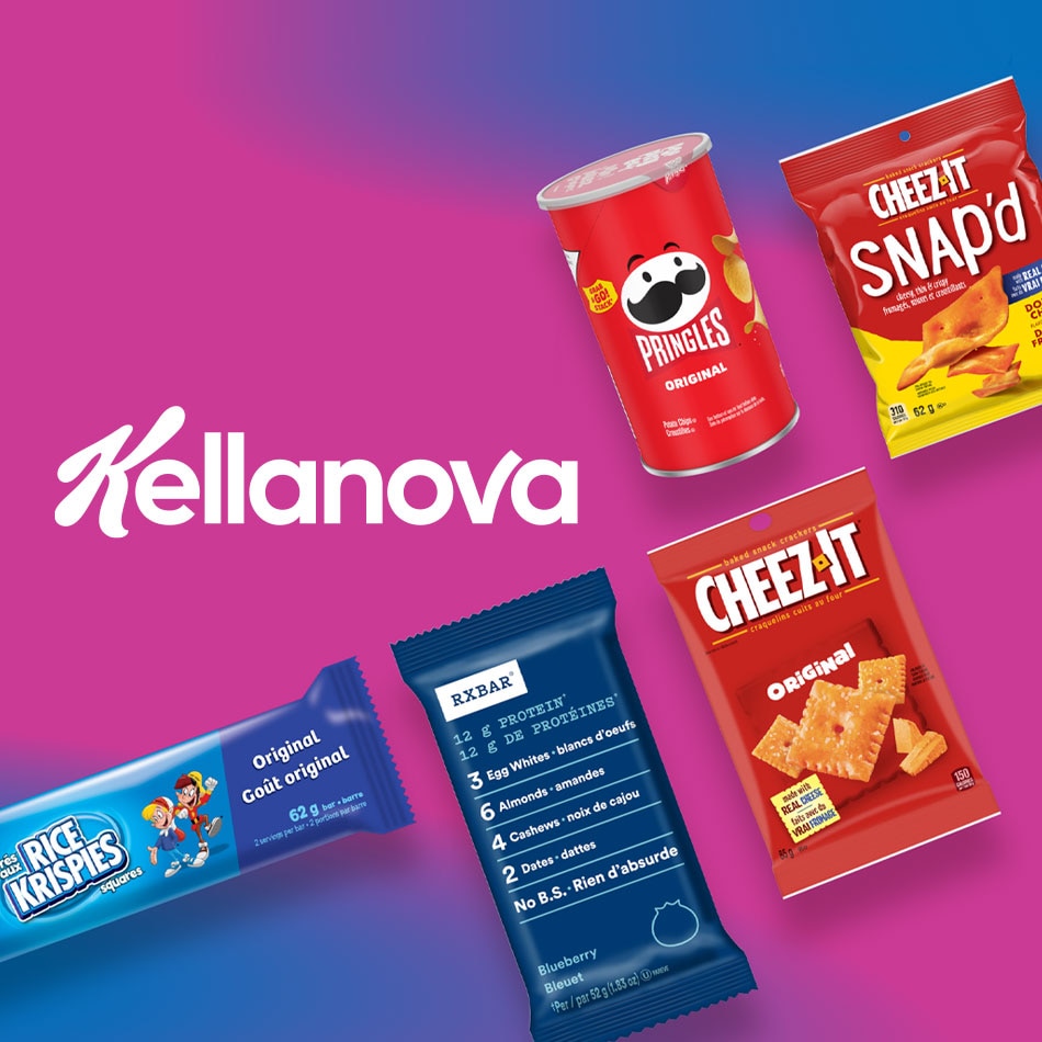 #Snackwins with five Kellogg's on the go products which are Pringles*, Rice Krispies Treats*, RXBAR*, Cheez-it* Snap'd* and Original crackers